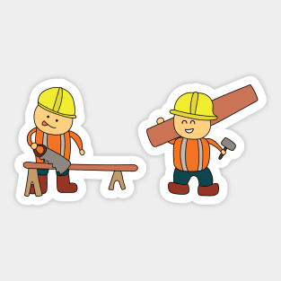 Kids drawing of carpenter sawing a log and the other carrying a wood board Sticker